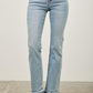 Light-wash high-rise flare jeans with frayed released hem cuffs