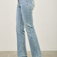 Light-wash straight-leg denim jeans with frayed cuffs, mid-rise flare hem