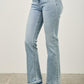 Light-wash high-rise flare jeans with frayed cuffs and five-pocket design