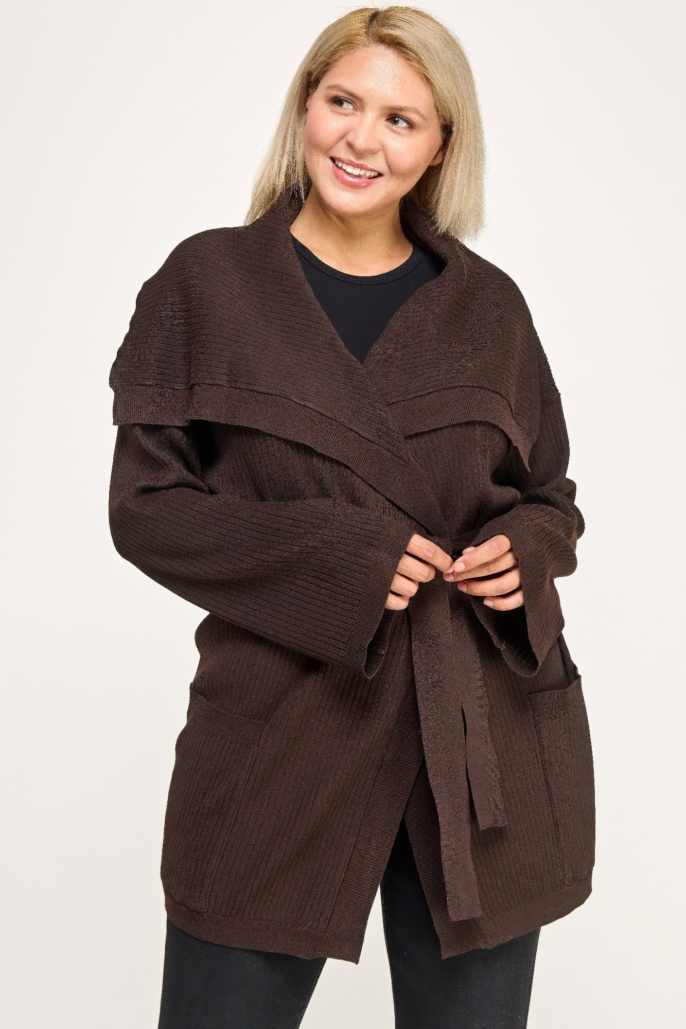 Plus size brown ribbed wrap cardigan with belt and pockets