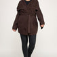 Plus size brown ribbed wrap cardigan with ruffle details and belt