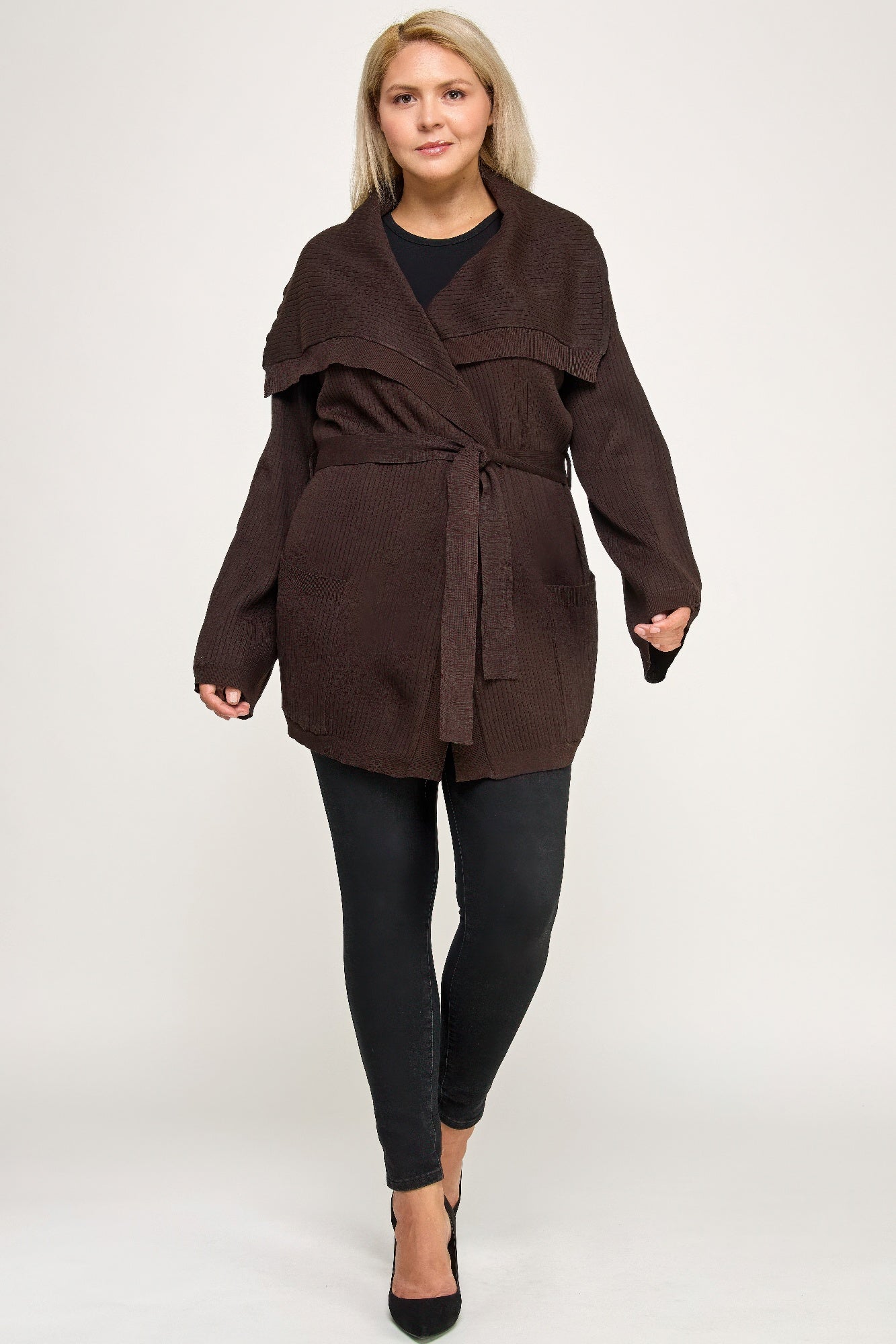 Plus size brown ribbed wrap cardigan with ruffle details and belt