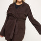 Plus size brown ribbed knit wrap cardigan with belted waist and flared sleeves