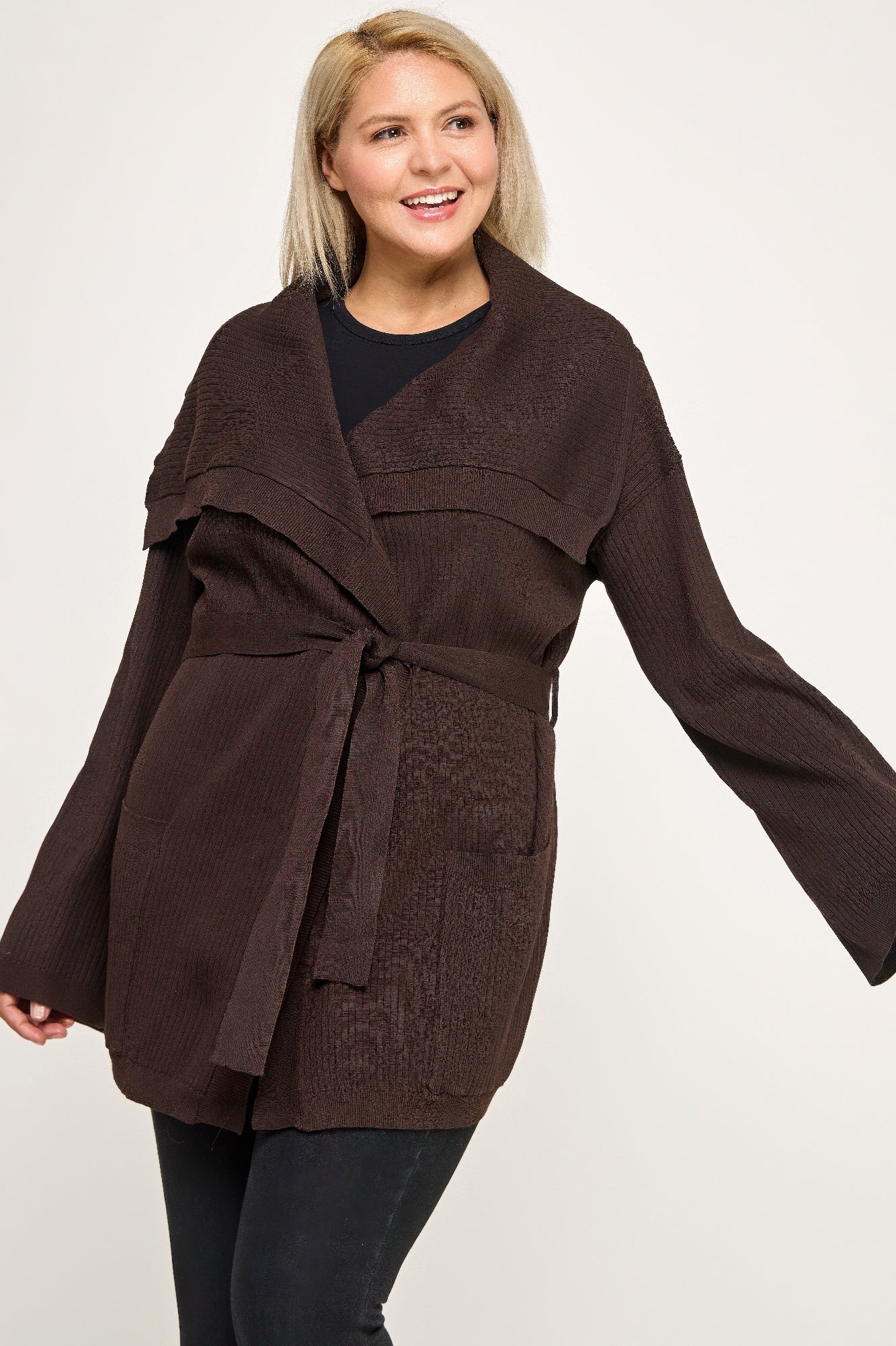 Plus size brown ribbed knit wrap cardigan with belted waist and flared sleeves