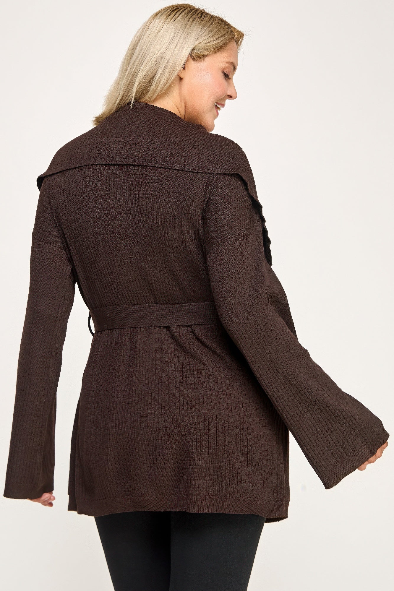 Plus size brown ribbed wrap cardigan with belted waist and flared sleeves