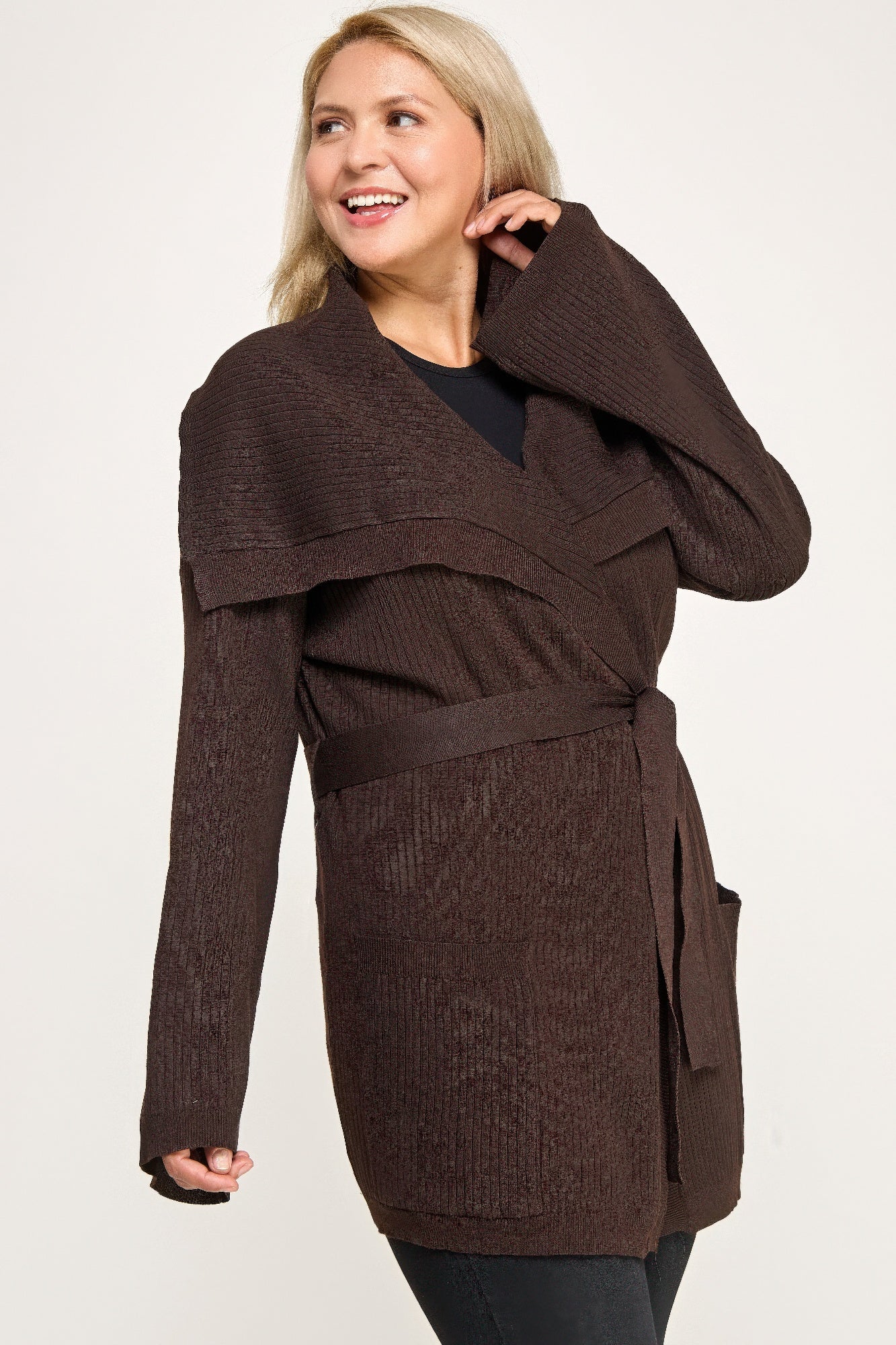 Cozy plus size ribbed wrap cardigan with waist belt in chocolate brown