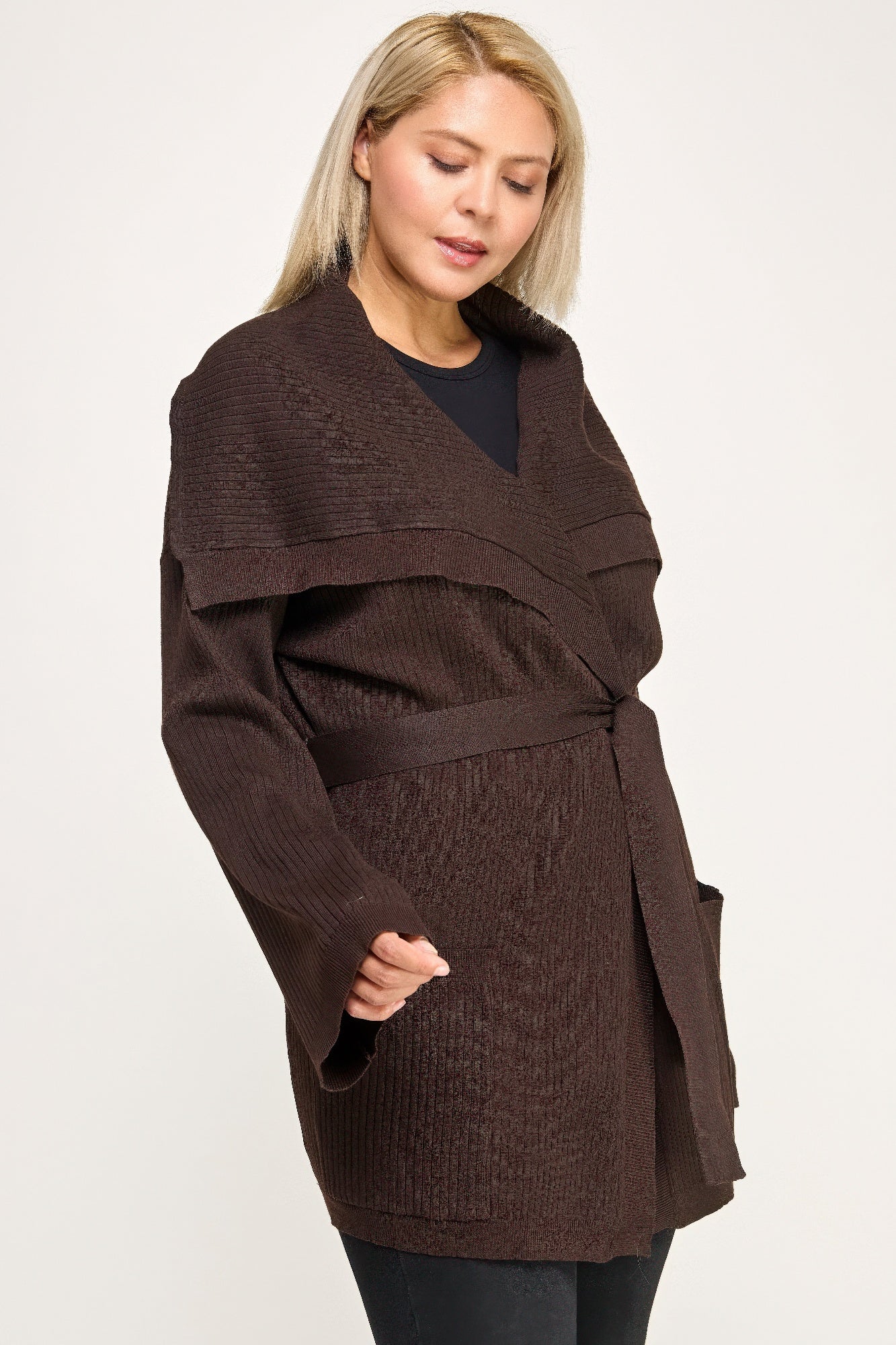 Plus size brown ribbed wrap cardigan with belt and layered knit design