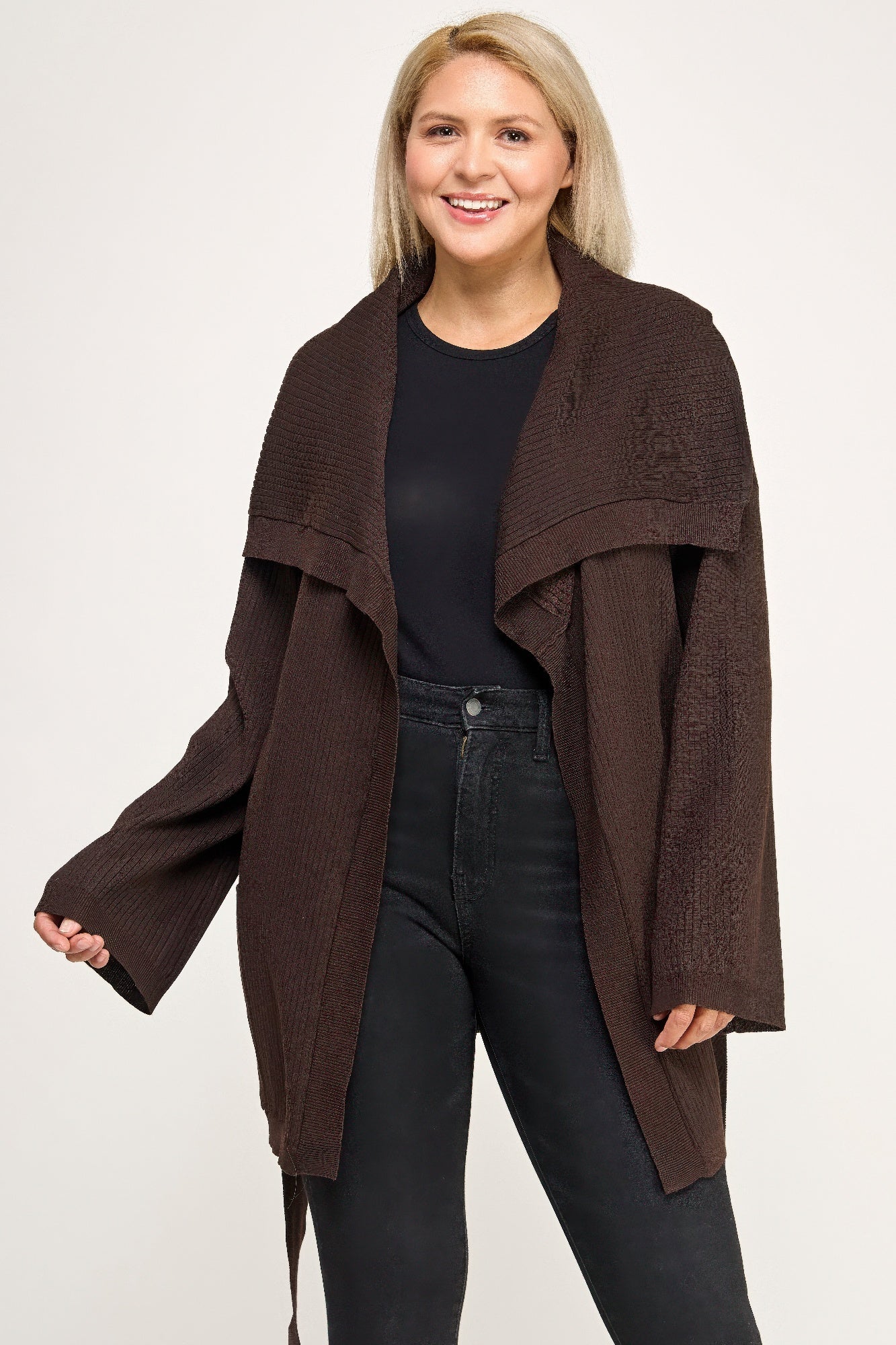 Plus size ribbed wrap cardigan with waist belt in dark brown knit