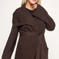 Plus size brown ribbed wrap cardigan with belted waist and ruffles