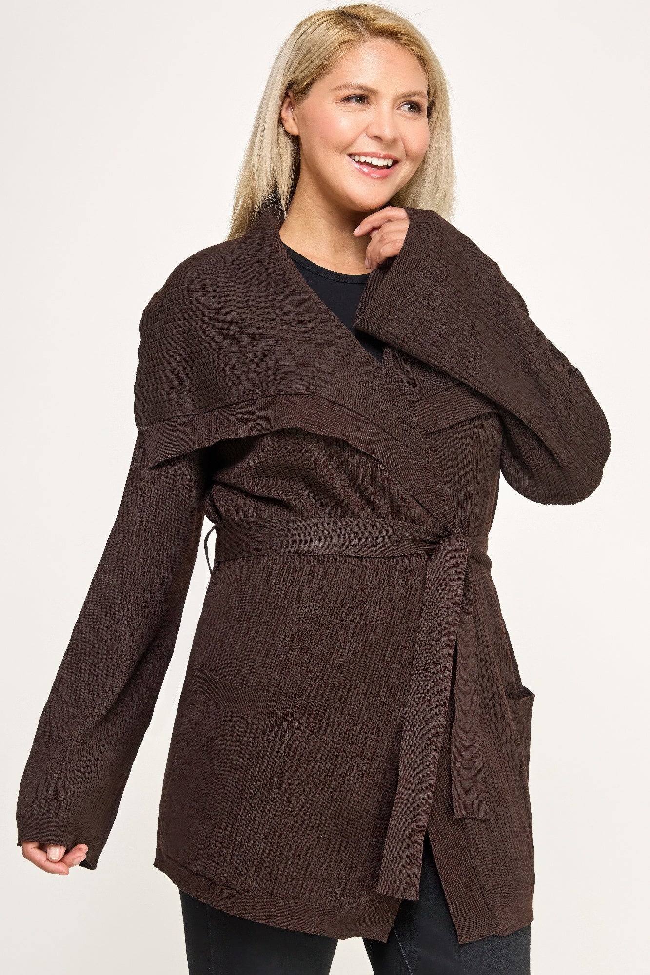 Plus size brown ribbed wrap cardigan with belted waist and ruffles