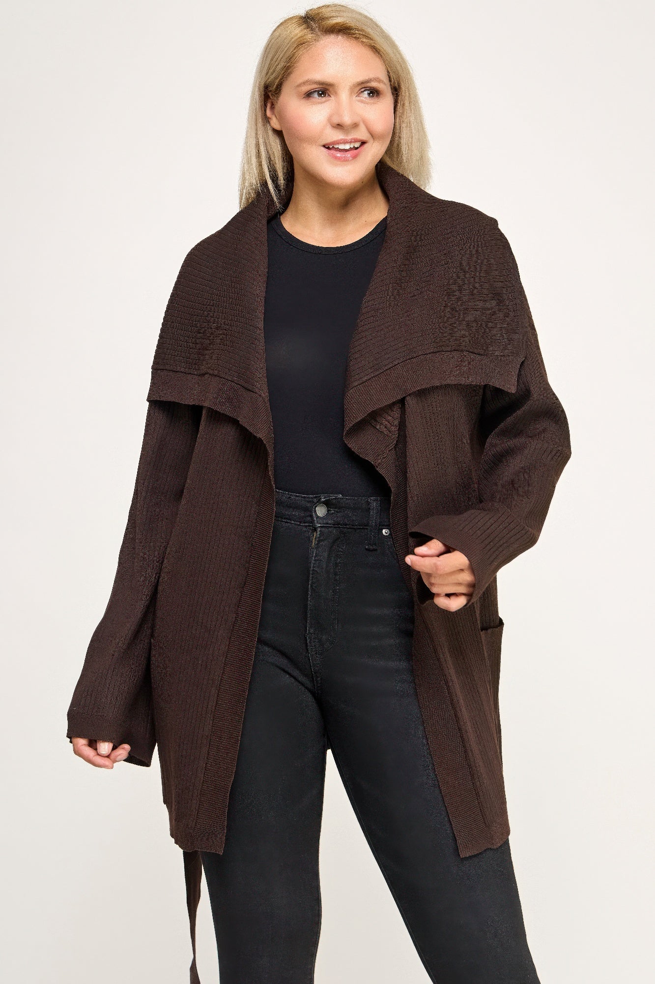Plus size brown ribbed wrap cardigan with waist belt and open front