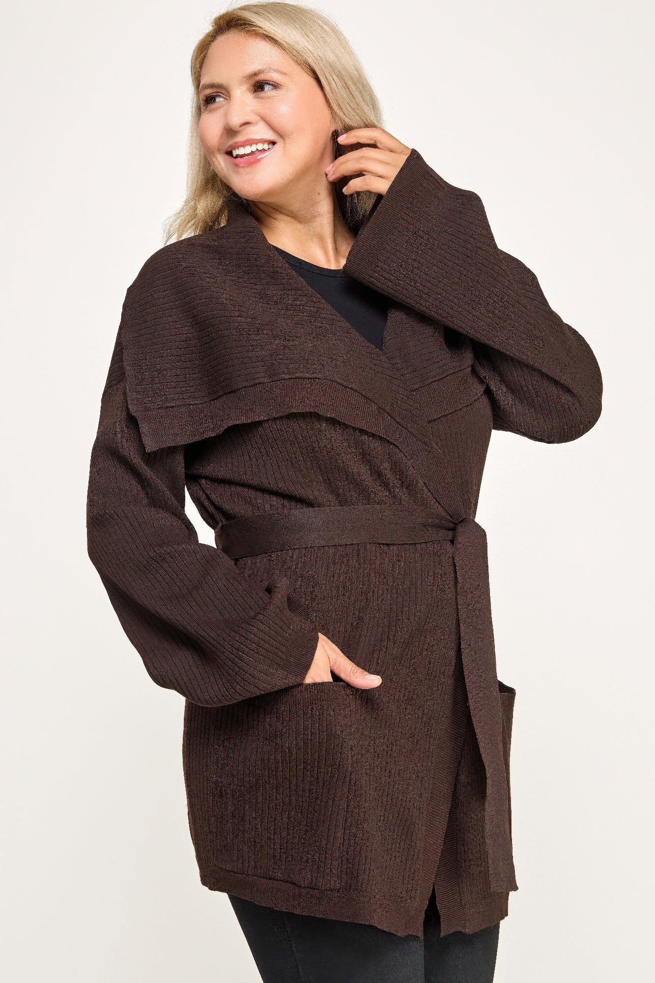 Cozy plus size ribbed wrap cardigan with chocolate brown belt