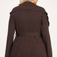 Plus size brown ribbed wrap cardigan with belted waist and ruffled shoulders
