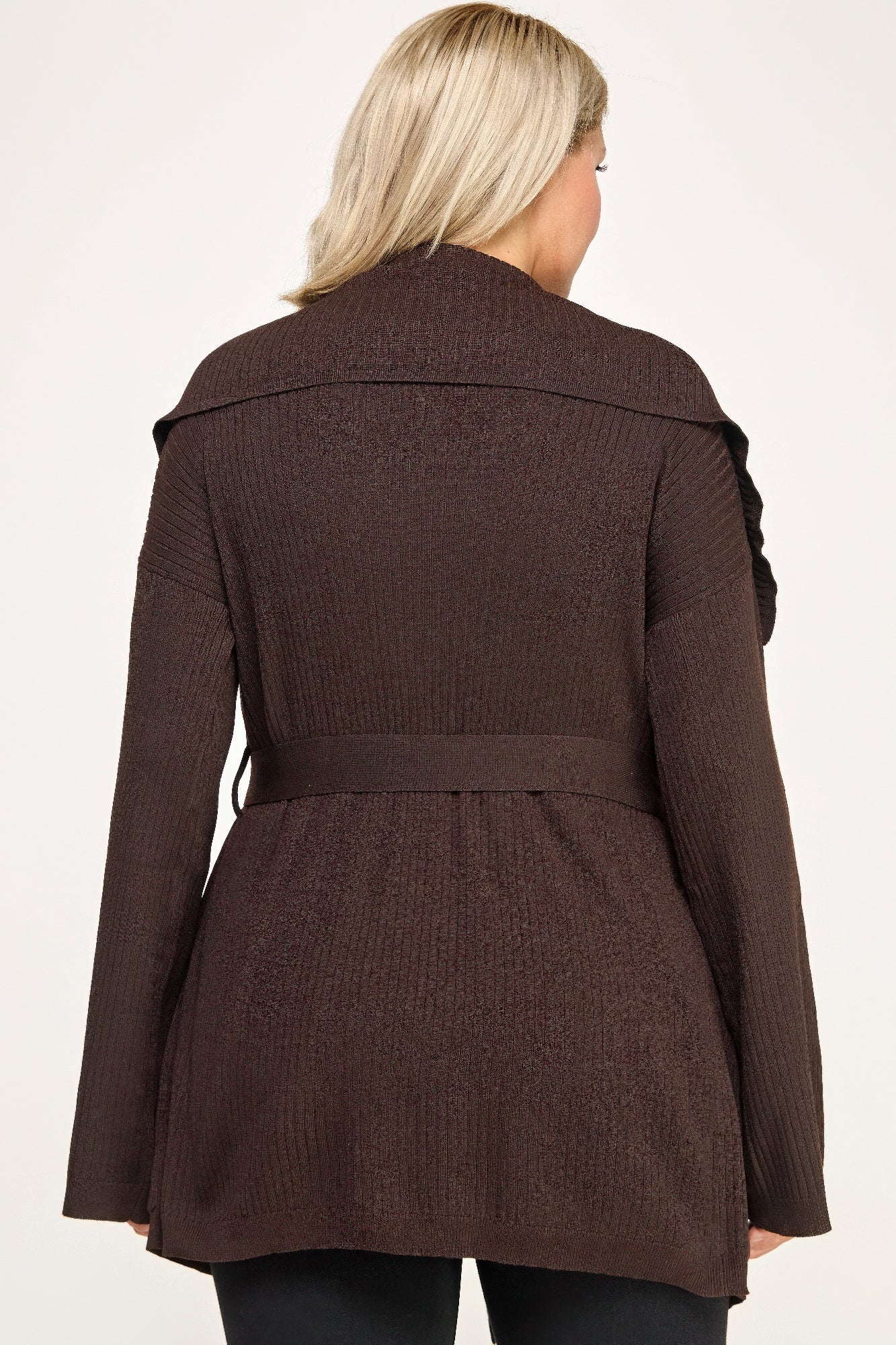 Plus size brown ribbed wrap cardigan with belted waist and ruffled shoulders
