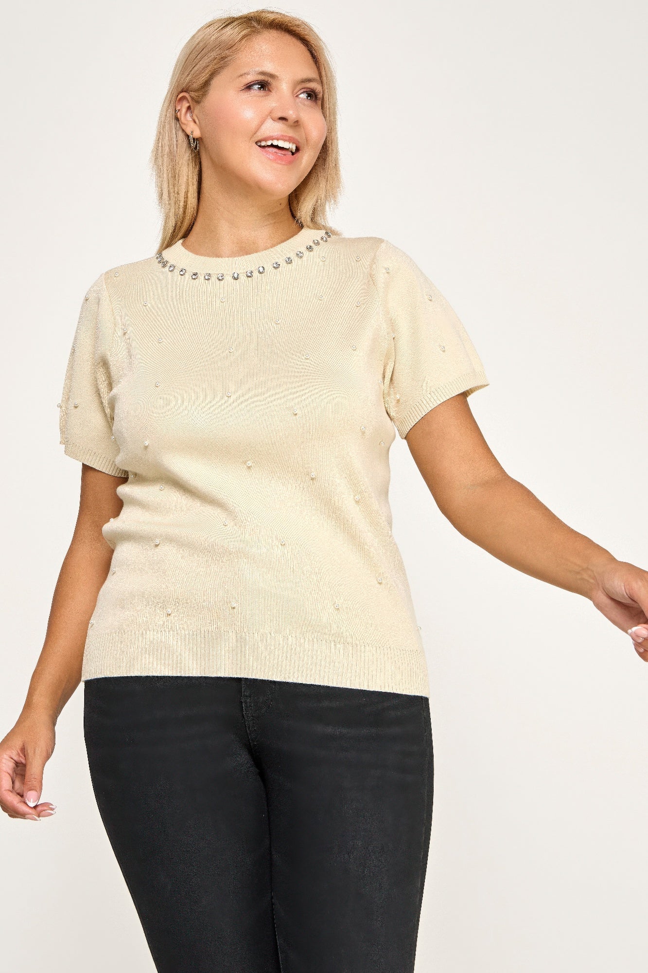 Plus size pearl and rhinestone knit sweater top in cream
