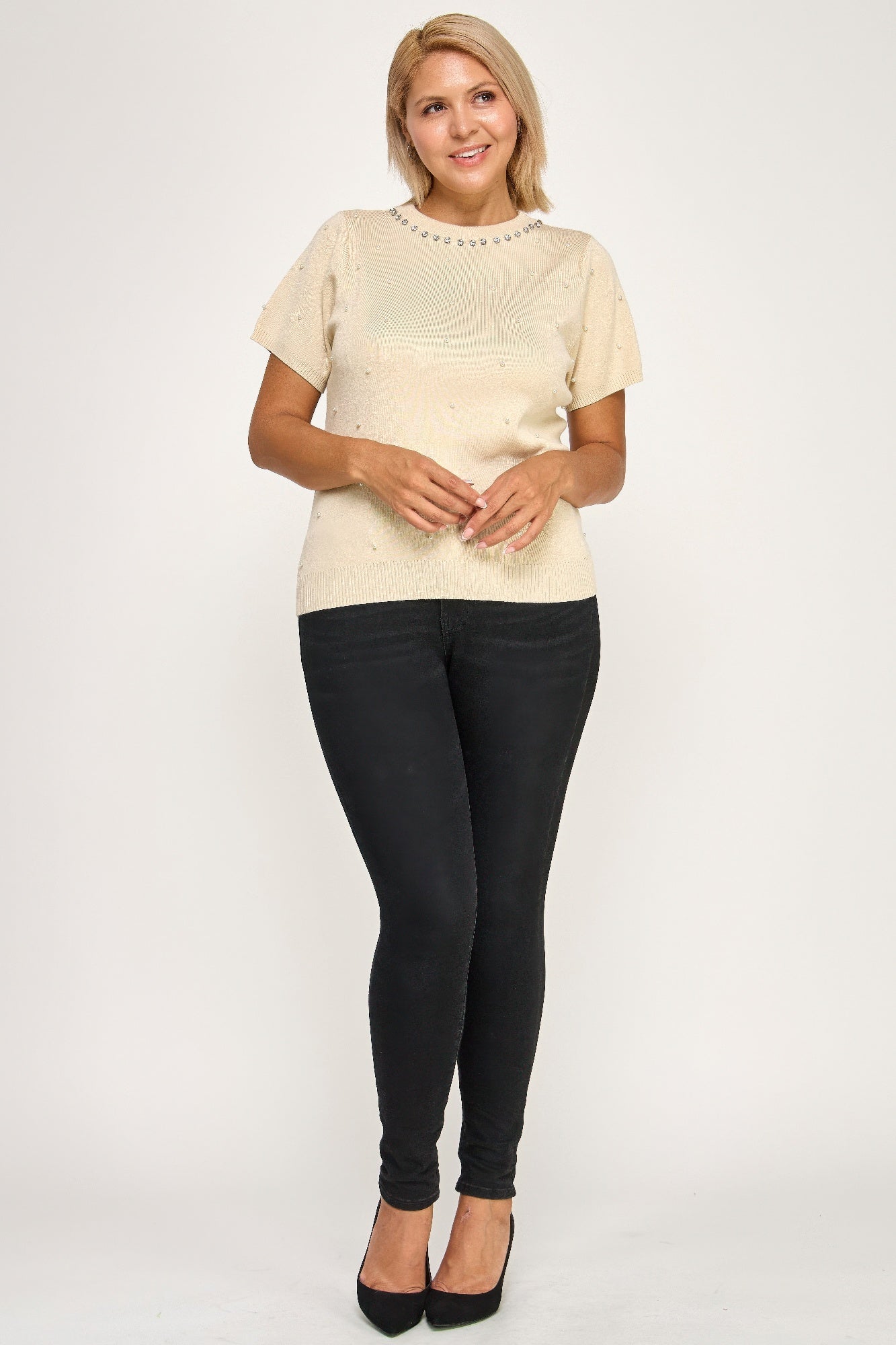 Plus size beige pearl and rhinestone knit sweater top