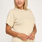 Plus size pearl and rhinestone knit sweater top in cream with short sleeves