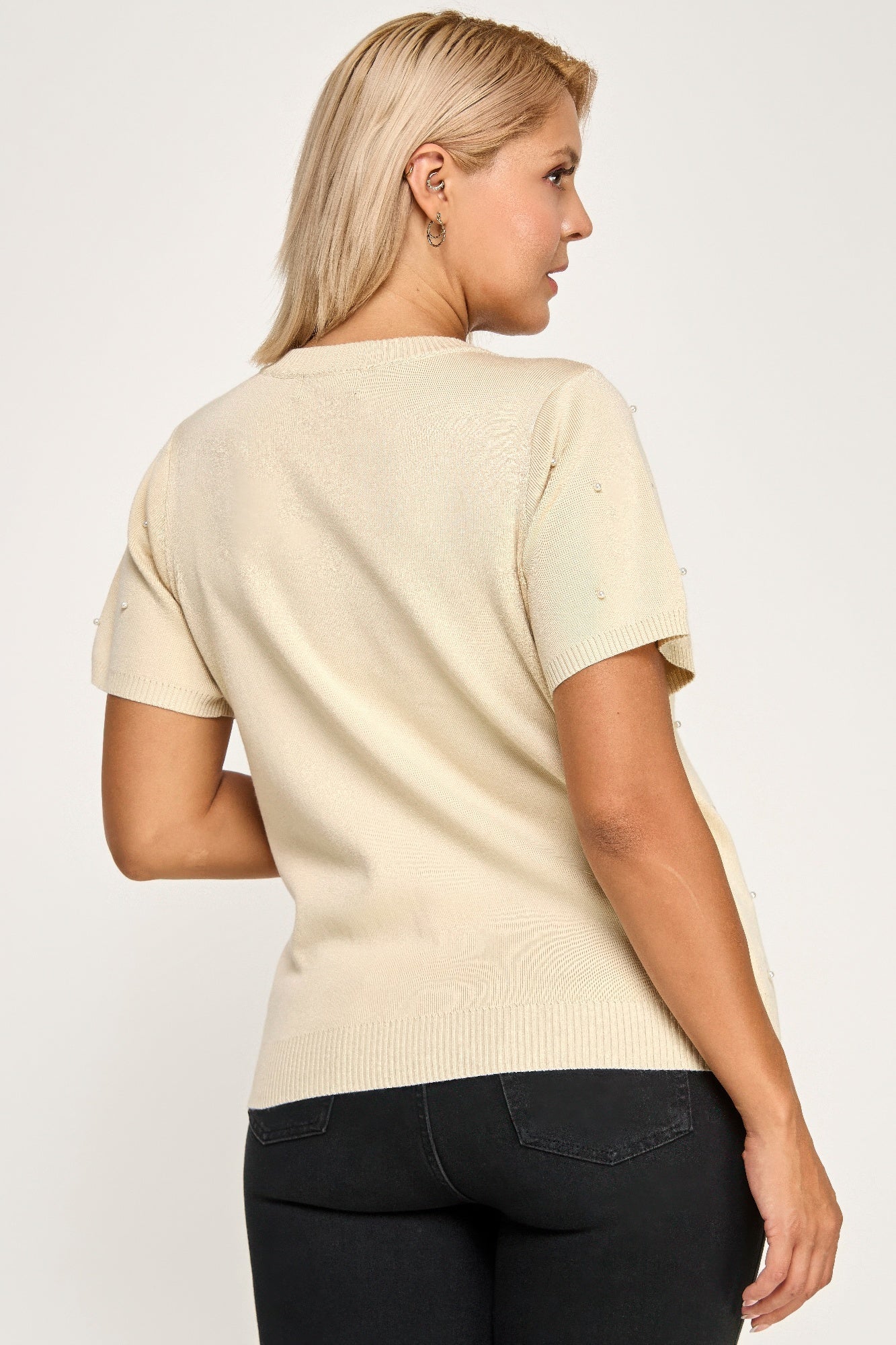 Plus size pearl and rhinestone knit sweater top in cream with textured sleeves