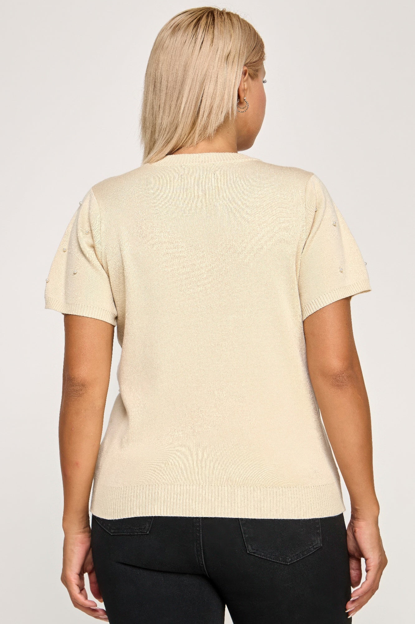 Plus size pearl and rhinestone knit sweater top in beige with ribbed texture