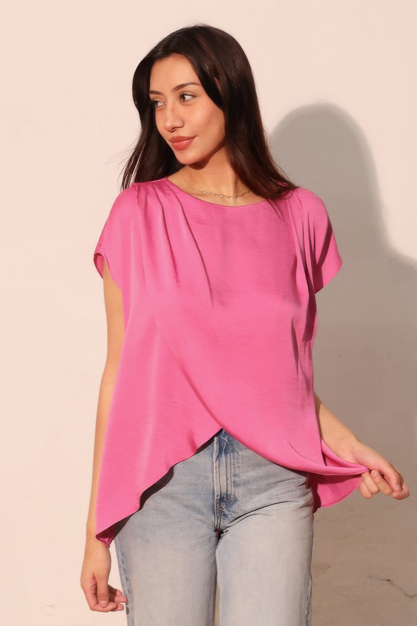 Vibrant pink Washed Poly Silk Tulip Tunic Top with asymmetrical hem