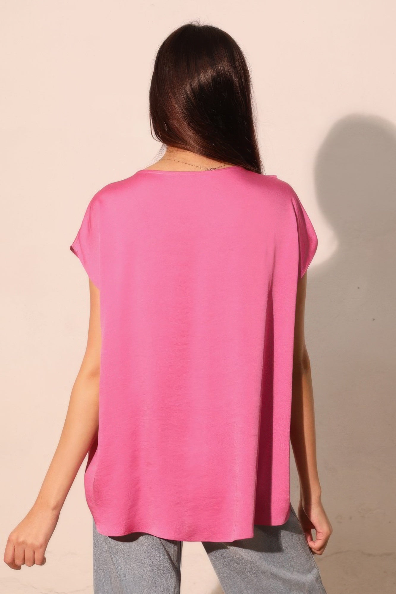 Vibrant pink Washed Poly Silk Tulip Tunic Top with relaxed fit