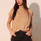 Beige sheer short-sleeved Washed Poly Silk Tulip Tunic Top with draped asymmetrical neckline