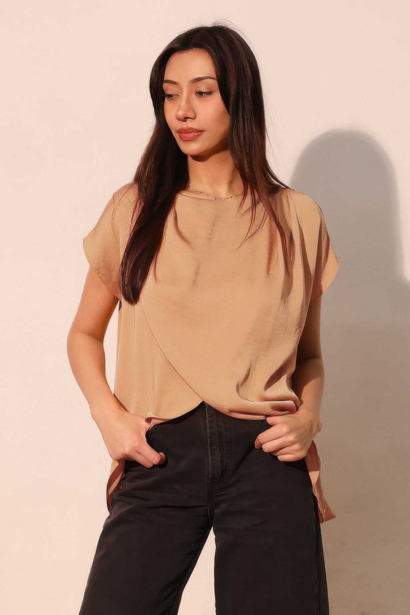 Beige sheer short-sleeved Washed Poly Silk Tulip Tunic Top with draped asymmetrical neckline