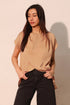 Beige sheer short-sleeved Washed Poly Silk Tulip Tunic Top with draped asymmetrical neckline