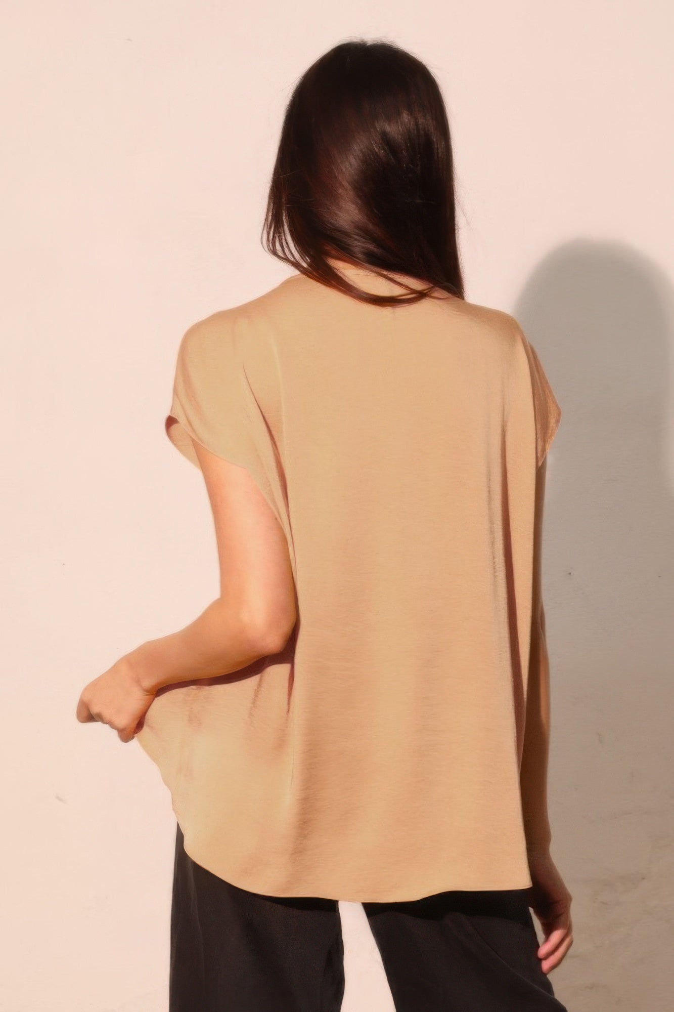 Beige washed poly silk tulip tunic top with relaxed fit