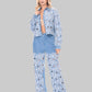 Light blue floral denim two-piece set with lace jacket and wide-leg pants