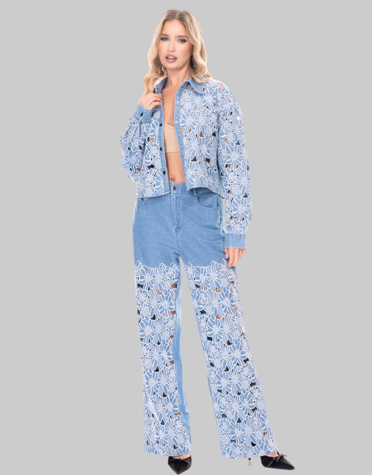 Light blue floral denim two-piece set with lace jacket and wide-leg pants
