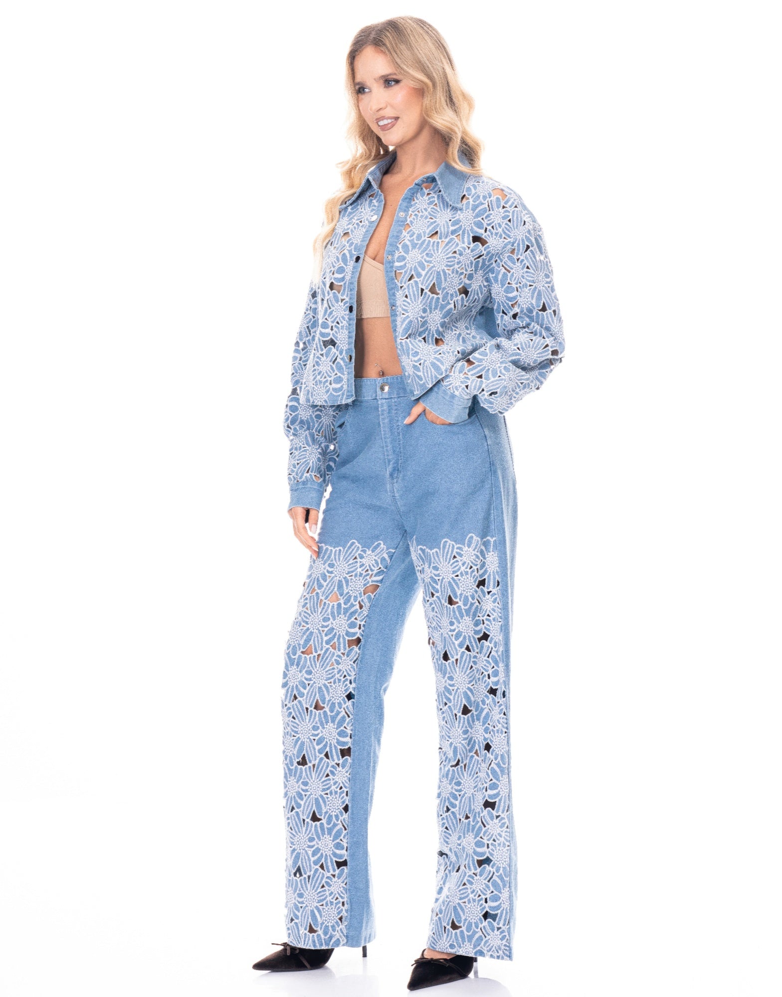 Light blue floral lace denim two-piece pants set