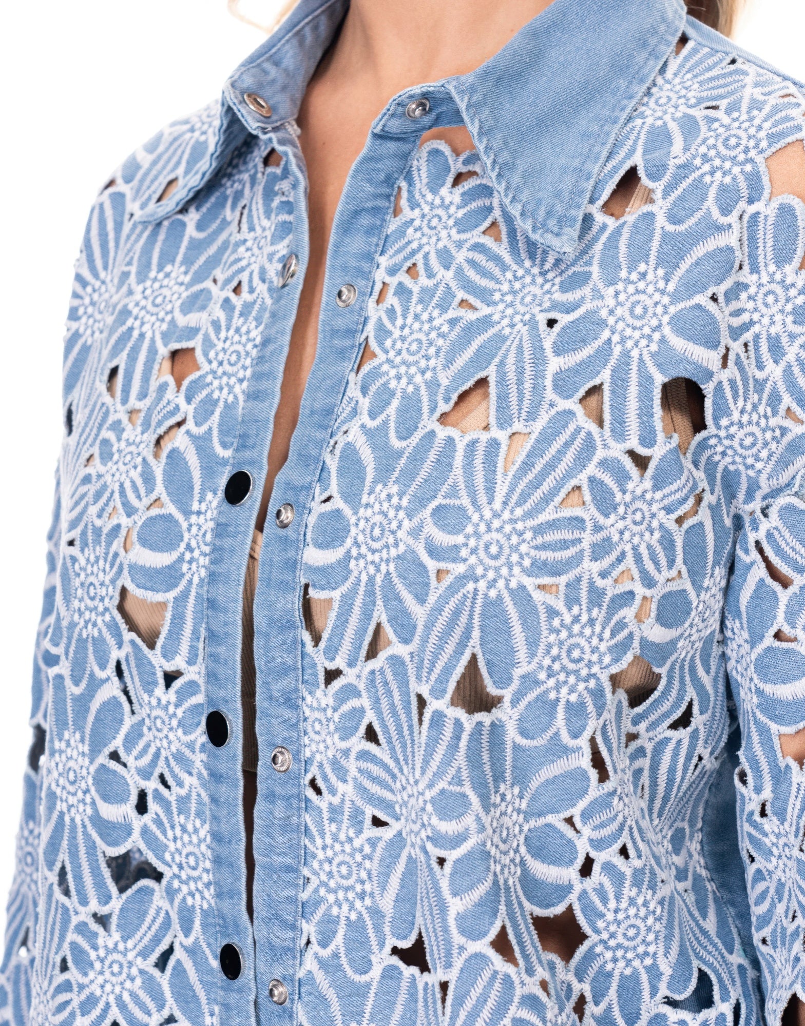 Light blue denim shirt with white floral lace overlay in two-piece set