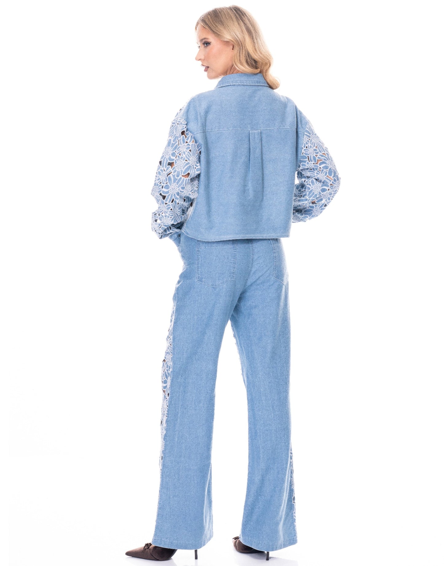 Light blue floral denim jacket with white lace sleeve details