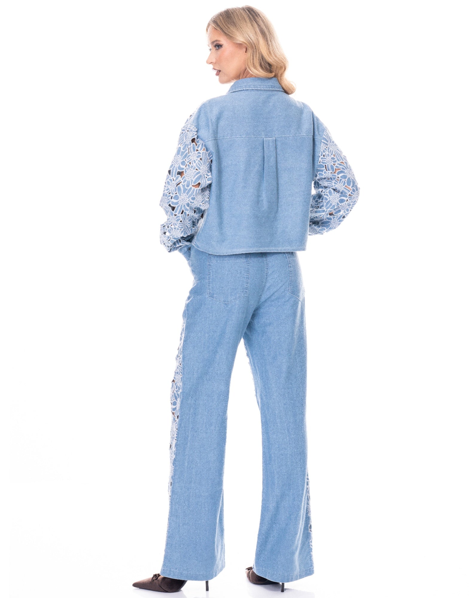 Light blue floral denim jacket with white lace sleeve details