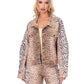 Beige and black leopard print denim jacket with zebra-striped sleeves