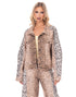 Beige and black leopard print denim jacket with zebra-striped sleeves