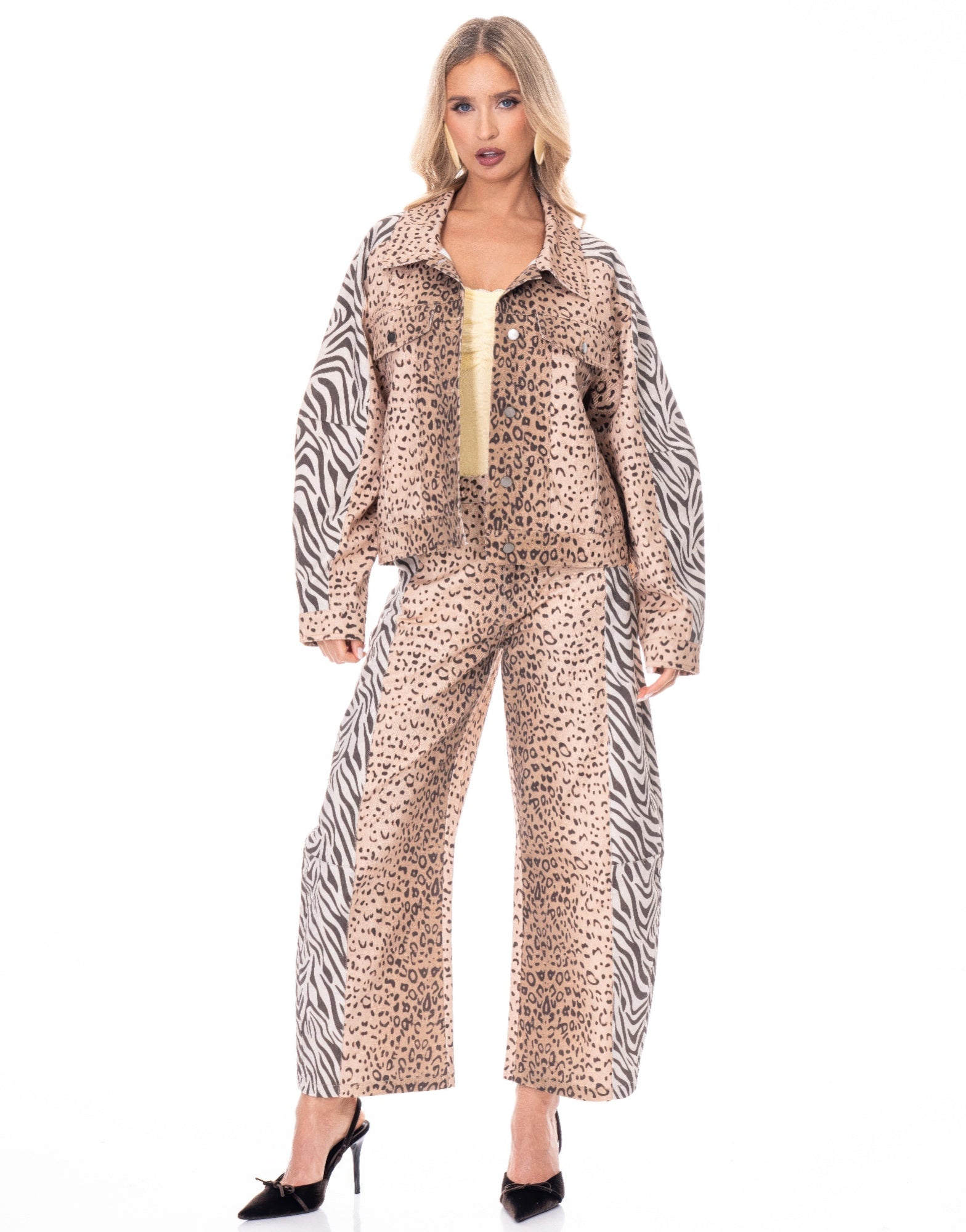 Beige and black leopard print cheetah jacket with zebra stripe panels