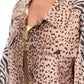 Beige leopard-print denim jacket with zebra sleeves and black buttons