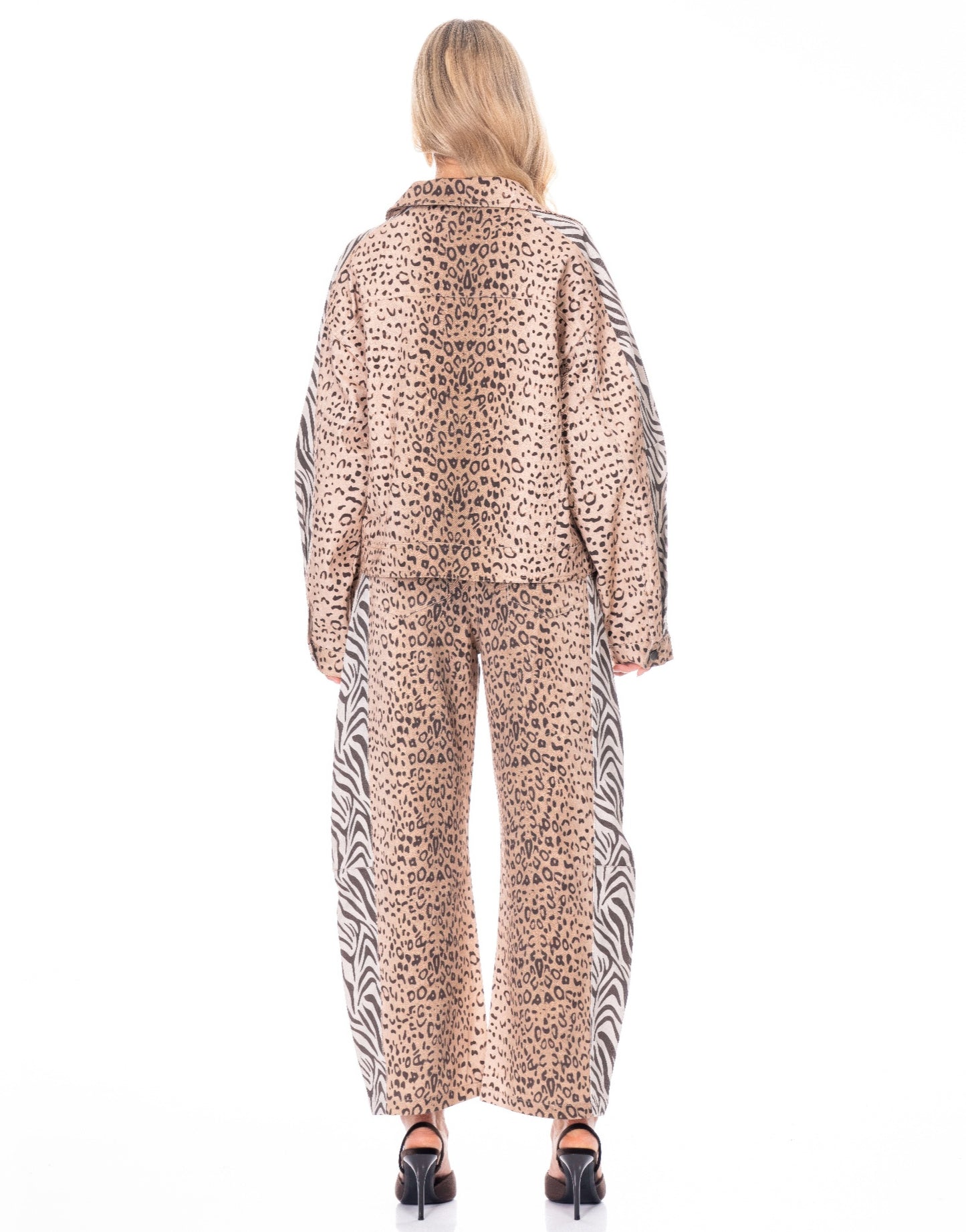 Beige leopard-print pajama set with zebra-striped side panels