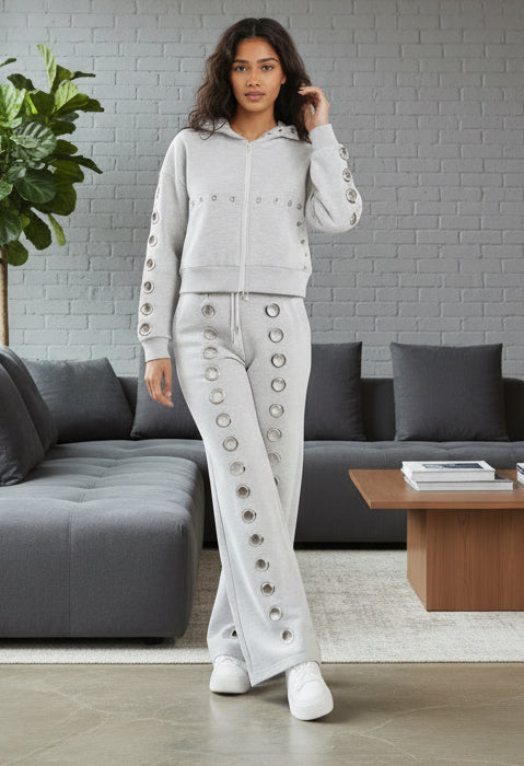 Light gray sweatshirt with silver studs in 2-piece loungewear set