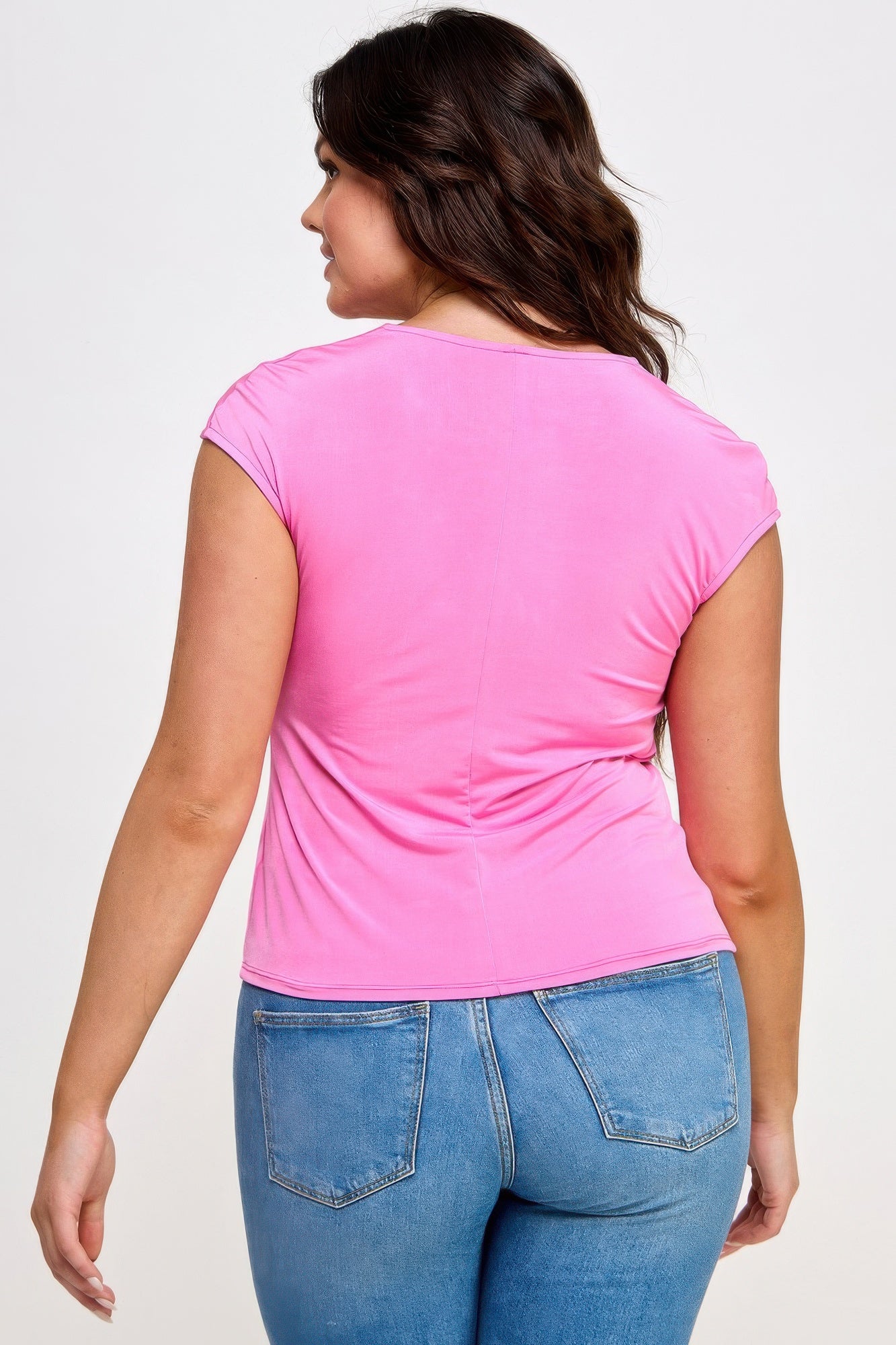 Vibrant pink Venezia Square Neck Top with round neckline and back ruching