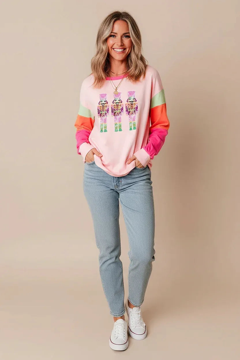 Sequin Nutcracker Round Neck Long Sleeve Top - DAVERRI FASHIONS