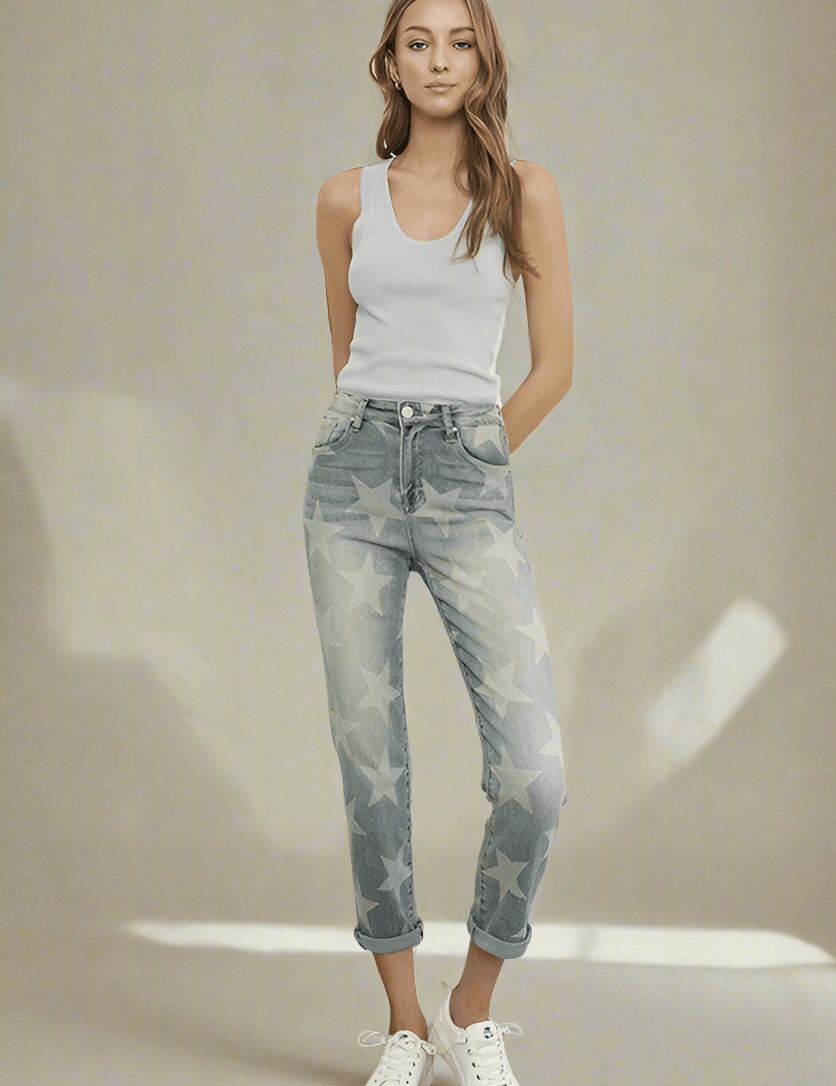 Insane Gene High Rise Star Print Cropped Girlfriend Jeans | Jeans Daverri Fashions