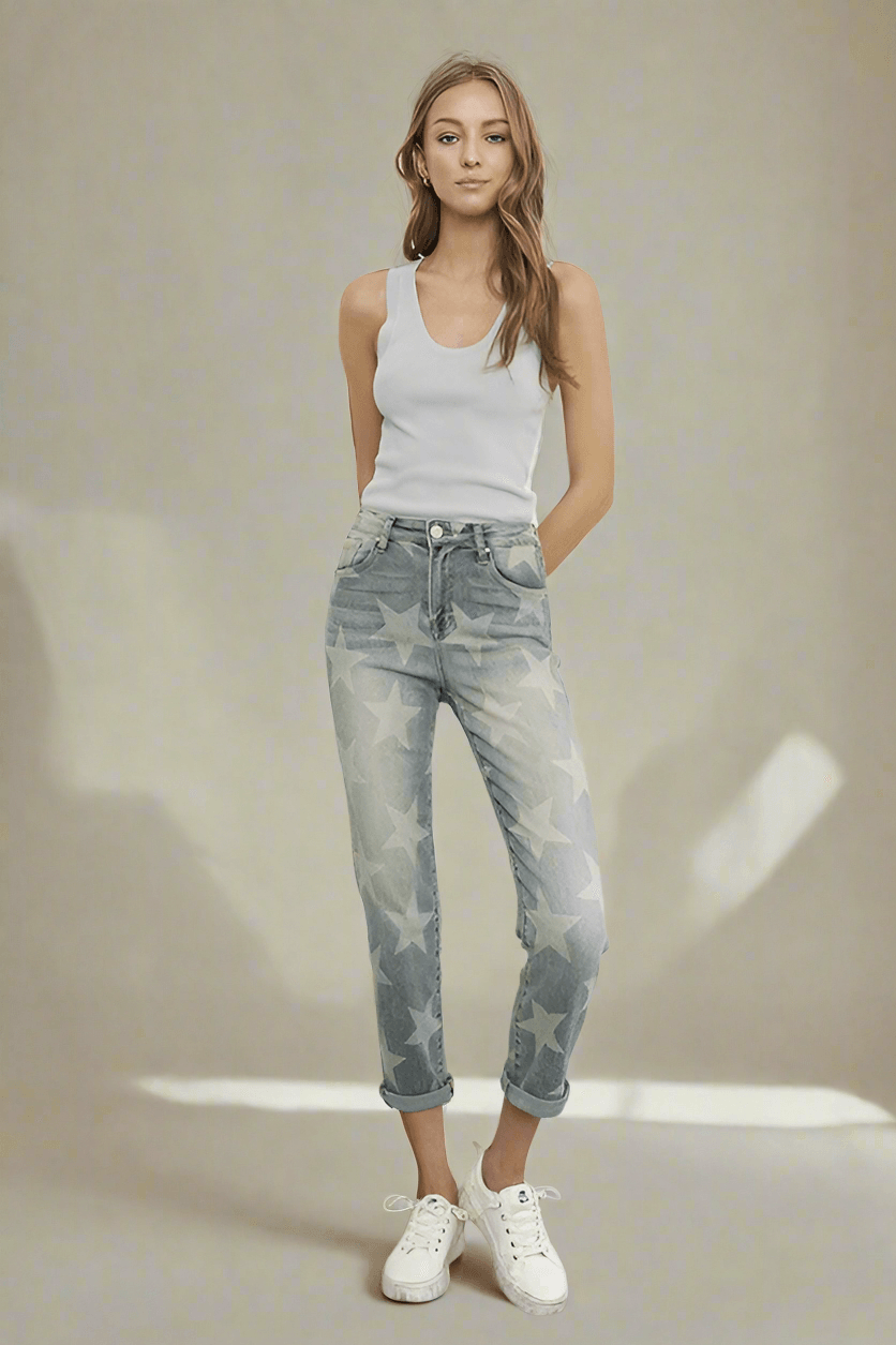 Insane Gene High Rise Star Print Cropped Girlfriend Jeans | Jeans Daverri Fashions