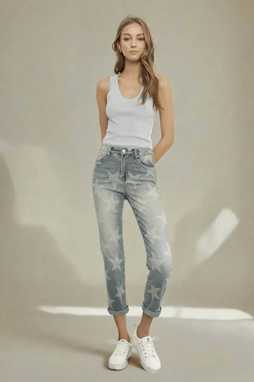 Insane Gene High Rise Star Print Cropped Girlfriend Jeans - DAVERRI FASHIONS