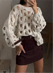 Soft Crewneck Long Sleeve Crochet Knit Oversized Sweater | Sweaters Daverri Fashions