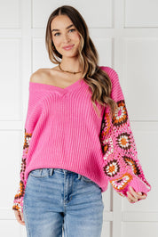 Bibi V-Neck Crochet Sleeve Knit Sweater Tops