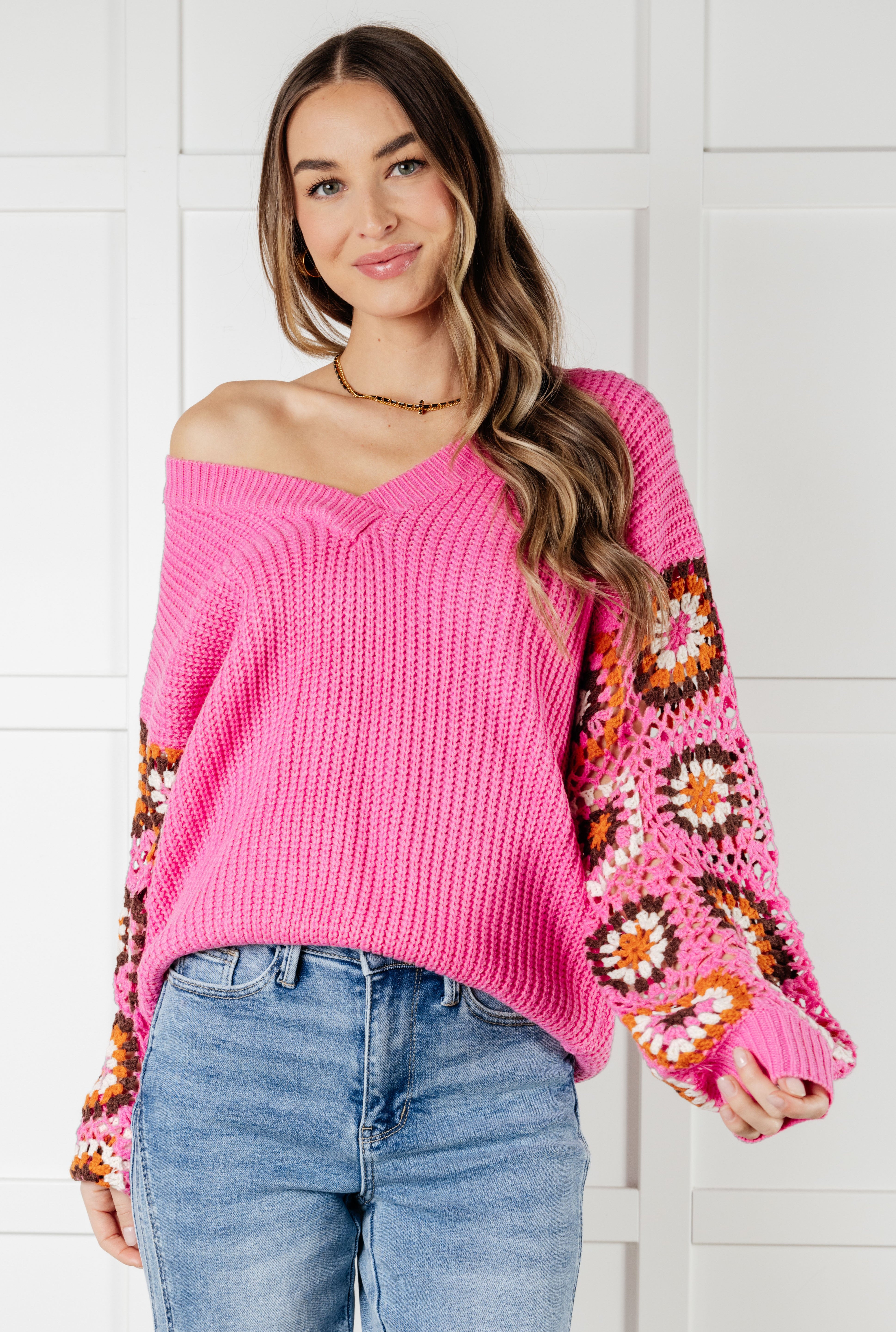 Bibi V-Neck Crochet Sleeve Knit Sweater Tops