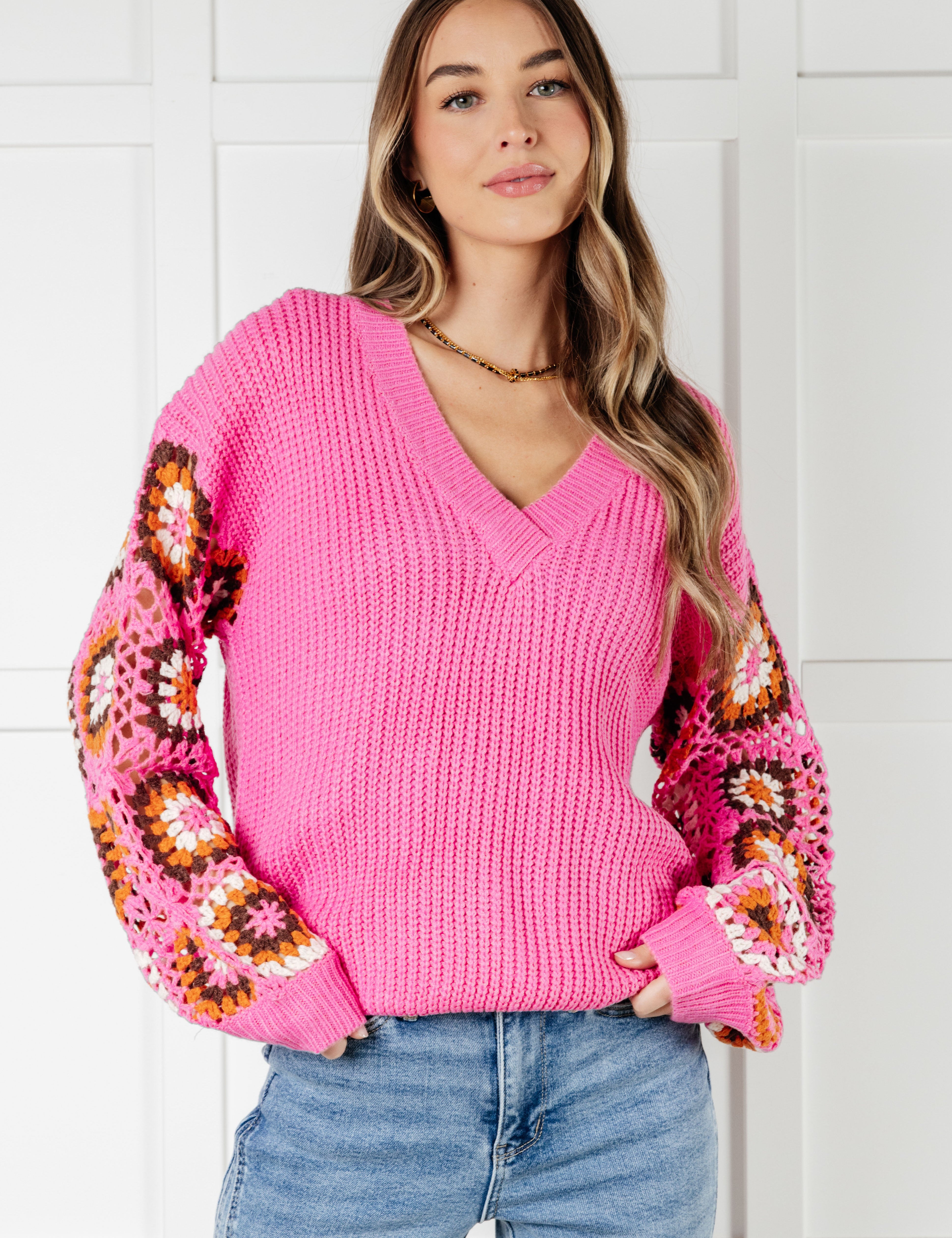 Bibi V-Neck Crochet Sleeve Knit Sweater Tops